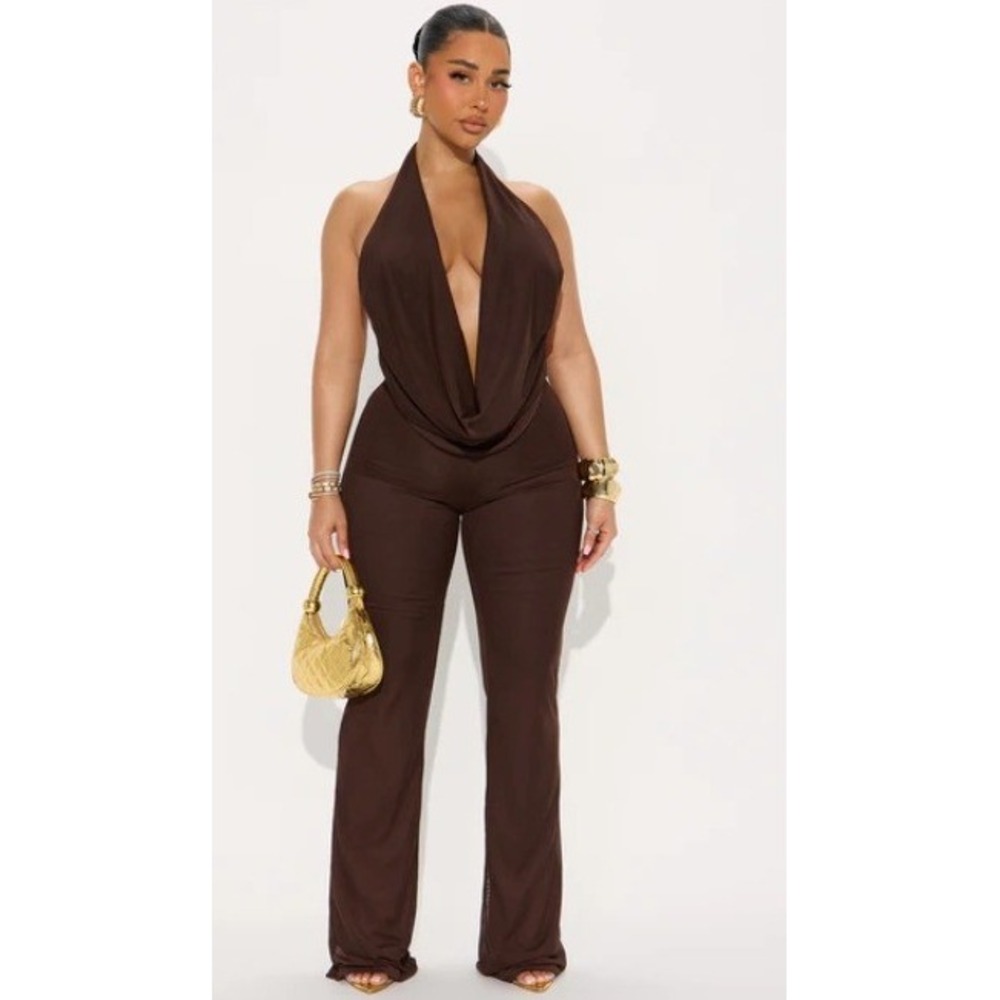 Fashion Nova Women's Plus Size 2X Best Behavior Mesh Halter Jumpsuit Chocolate